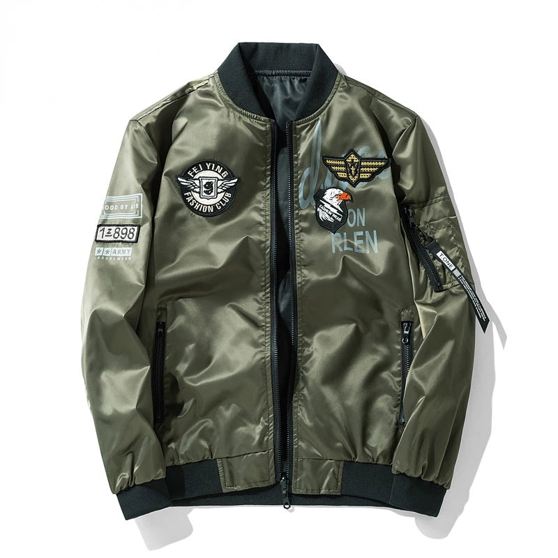 Winter Bomber Jacket Men Military Pilot Jacket Badge Fashion Double Side Wear Motorcycle Jacket Autumn Youth Men Clothing Pocket
