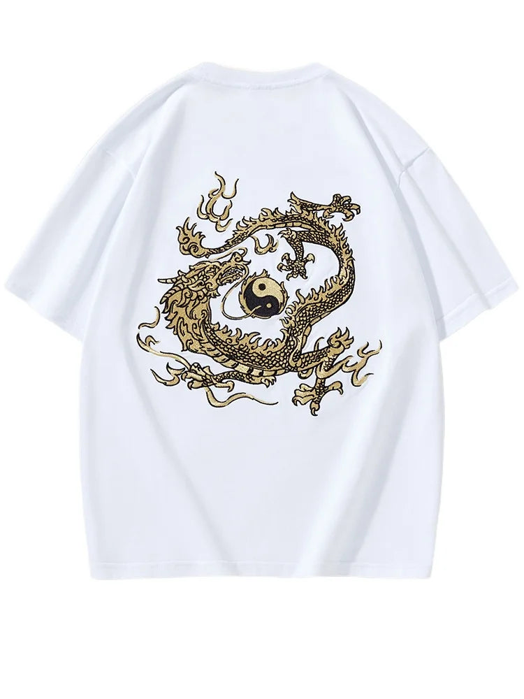 Embroidery T Shirt Men Gold Dragon Graphic T Shirts Man Vintage Hip Hop Chinese Tees Short Sleeve Cotton Casual Summer Tops Male