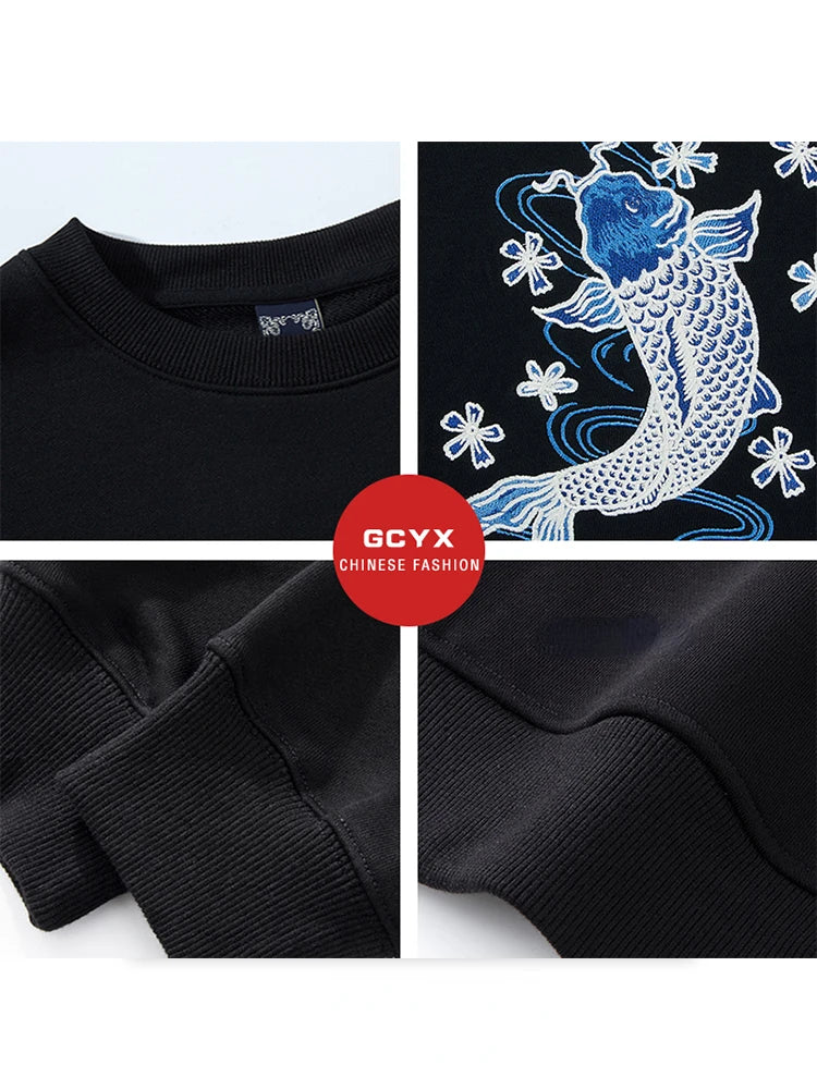 Mens Embroidery Hoodies Women Koi Carp Casual Harajuku Hoodies Japanese Crewneck Sweatshirt Cotton Fleece Pullover Couple Unisex