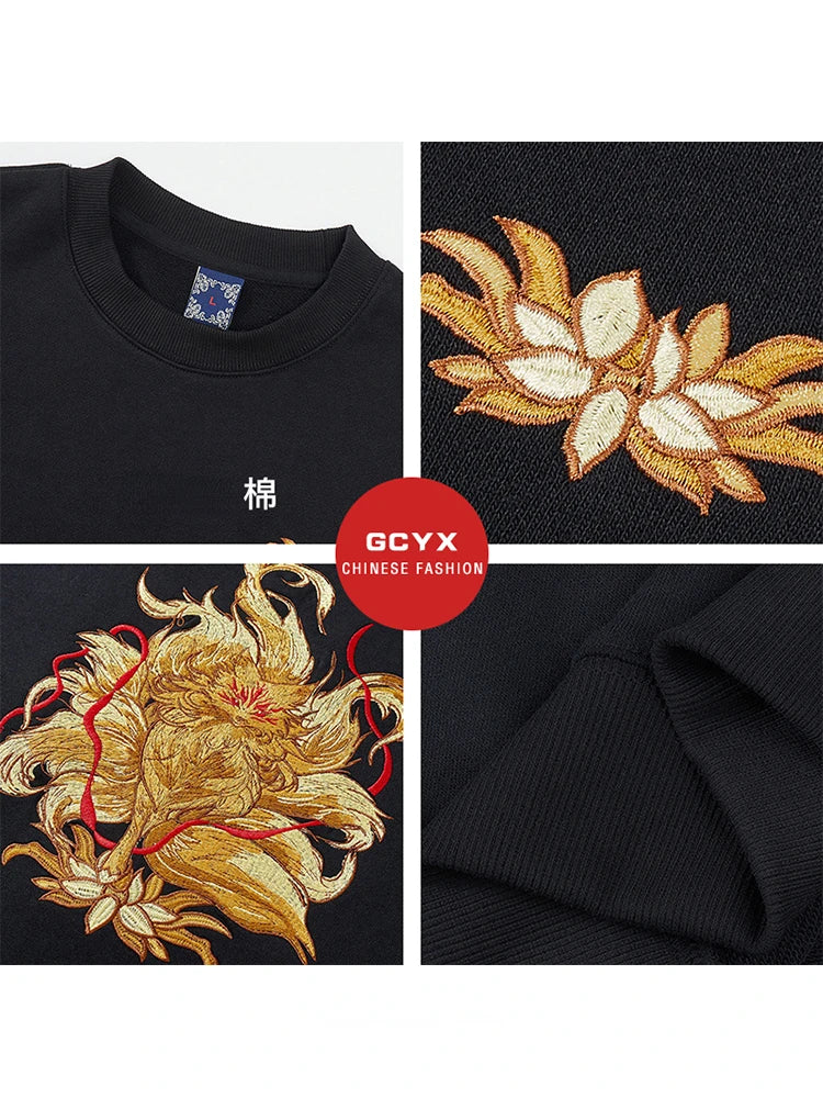 Hip Hop Crewneck Sweatshirt Men Vintage Fox Embroidery Hoodies Women Fashion Cotton Japanese Harajuku Pullover Streetwear Male