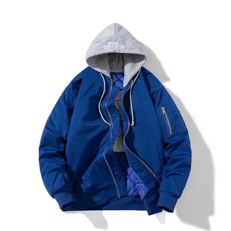 Autumn Winter Pilot Jacket Men Women Solid Bomber Jacket Vintage Fashion Casual Windbreaker Coat Hooded Couple Parkas Blue Khaki