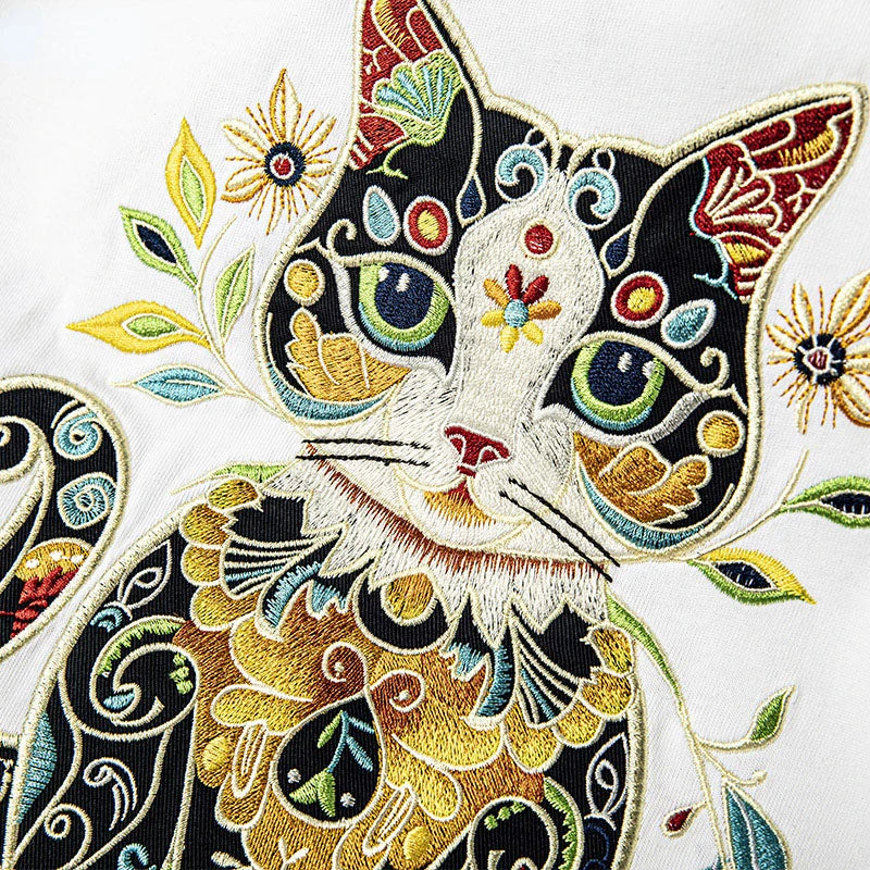 Harajuku T Shirt Men Cat Embroidery T Shirt Women Oversized Japanese Casual  Short Sleeve Cotton Tees High Quality Summer Tops