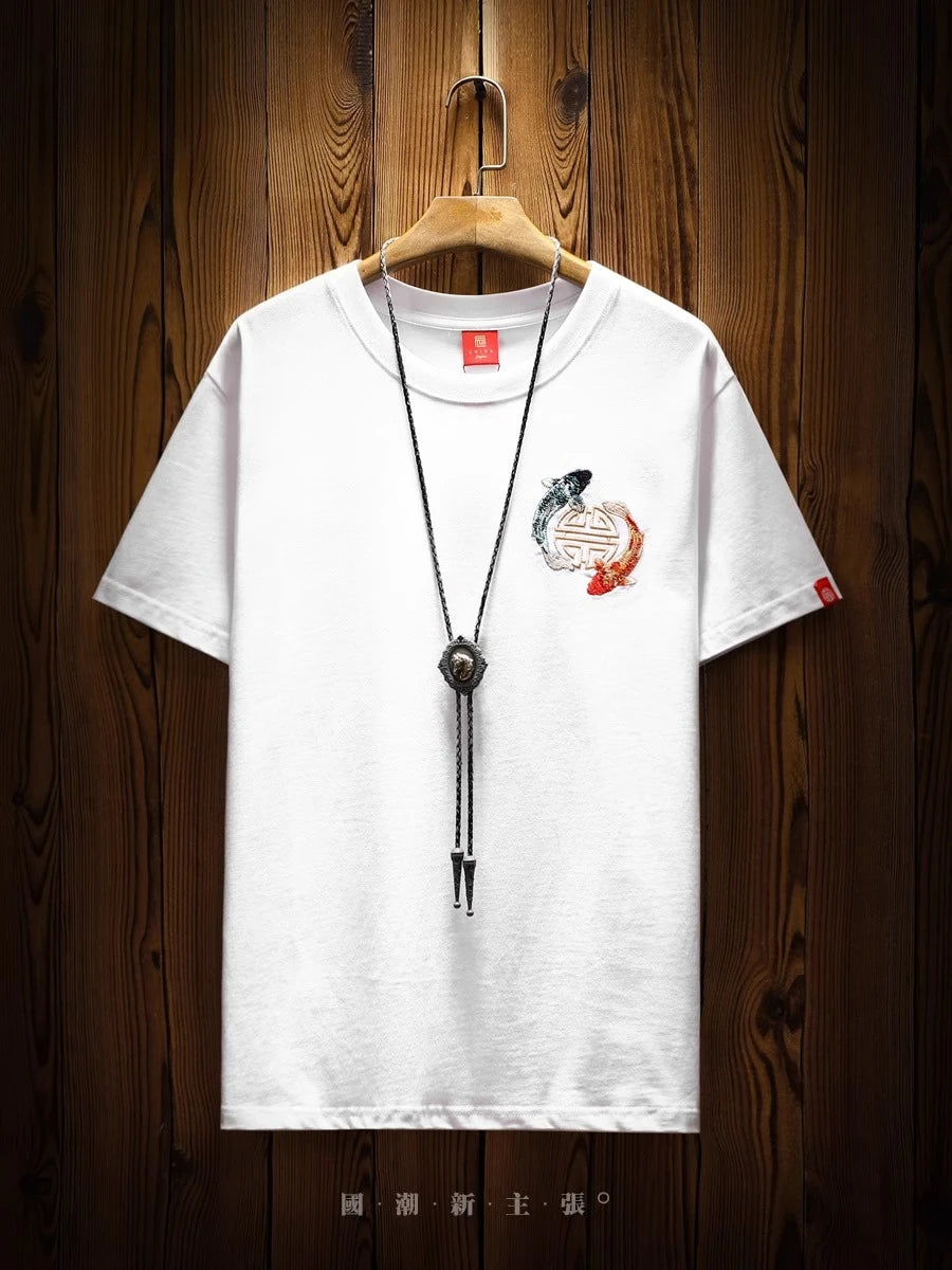 Mens Summer T Shirts Chinese Carp Embroidery T Shirt Men Vintage Graphic Tees Harajuku Cotton Casual Short Sleeve High Quality