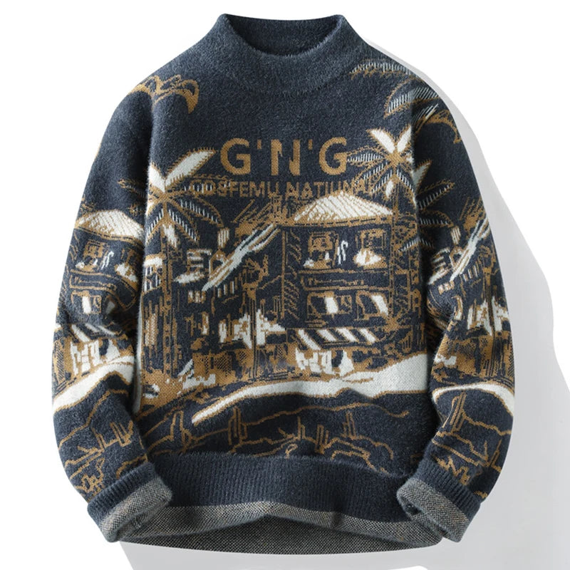 Vintage Knitted Sweater Men Casual Winter Knitwear Sweater Crewneck Jacquard Thick Warm Korean Pullover Youth Clothing Hipster