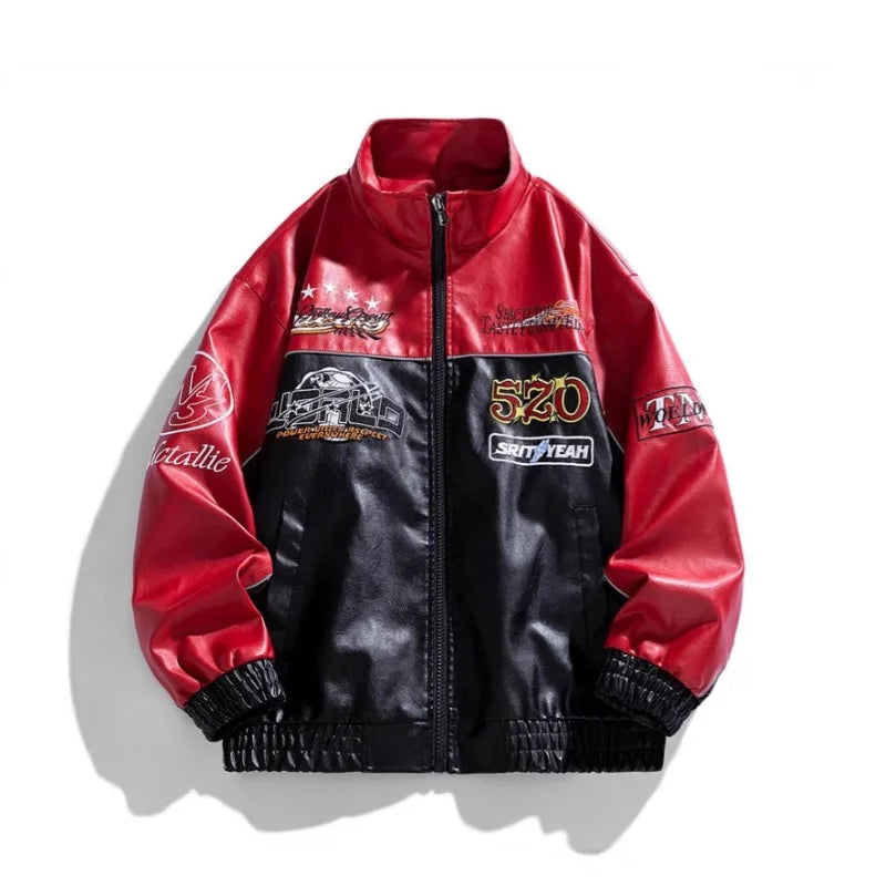 Leather Jacket Man Embroidery Letter Biker Jacket Men Fashion Racing Coat Baggy Loose Spring Autumn Windbreaker Outwear Red 2025
