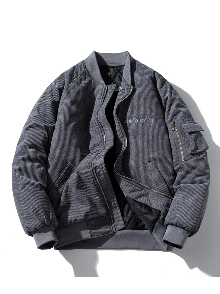 Fashion Bomber Jacket Man Vintage Letter Embroidery Pilot Jacket Women Solid Cotton Corduroy Autumn Winter Coat Hooded Designer
