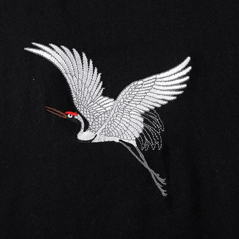 Harajuku T Shirt Men Vintage Crane Embroidery T Shirt Men Women Cotton Short Sleeve Graphic Tees Chinese Fashion hip hop Tops