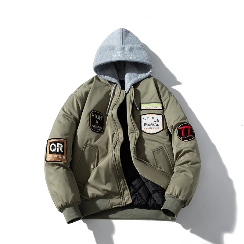 Vintage Bomber Jacket Man Badge Army Pilot Jacket Mens Military Letter American Motorcycle Coat Hooded Winter Parkas Streetwear