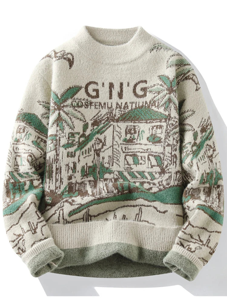 Vintage Knitted Sweater Men Casual Winter Knitwear Sweater Crewneck Jacquard Thick Warm Korean Pullover Youth Clothing Hipster