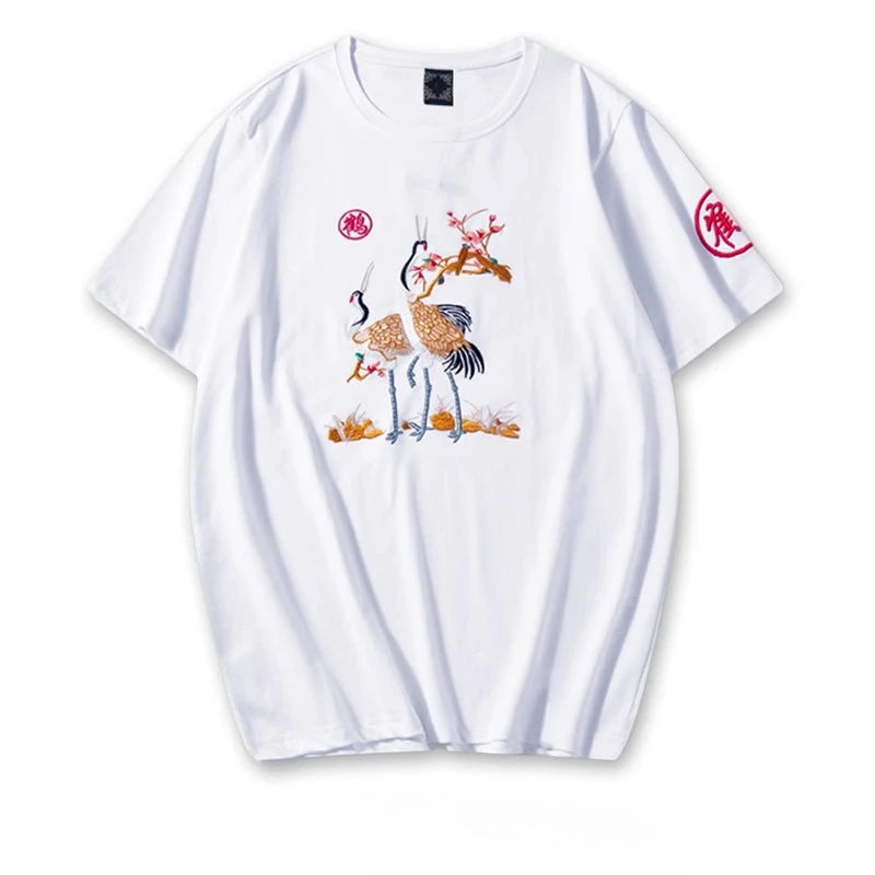 Fashion Crane Embroidery T Shirt Man Chinese Vintage T Shirt Woman Cotton Harajuku  Graphic Tees  Tops Short Sleeve Unisex Male