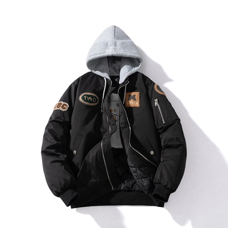 Autumn Winter Bomber Jacket Men Letter Flocking Thick Warm Parkas Coat Women Fashion Retro Hooded Designer Pilot Jacket College