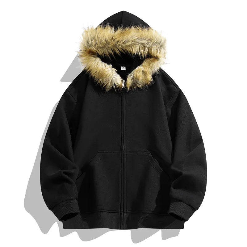Hoodies Man Zip Up Fashion Vintage Sweatshirt Woman Oversize Fur Collar Solid Color Hoodies Couple Hoody Autumn Unisex Designer