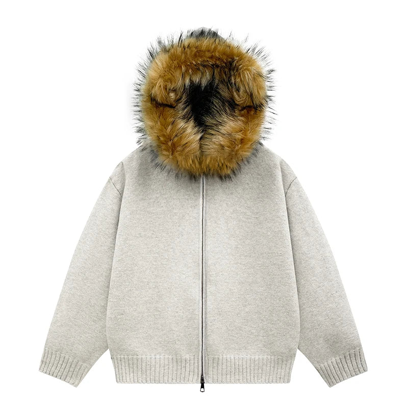 Man Cardigan Jacket Fur Collar Hooded Hooded Sweater Coat Women Fashion Knitted Sweater Casual Harajuku Zipper Couple Japanese