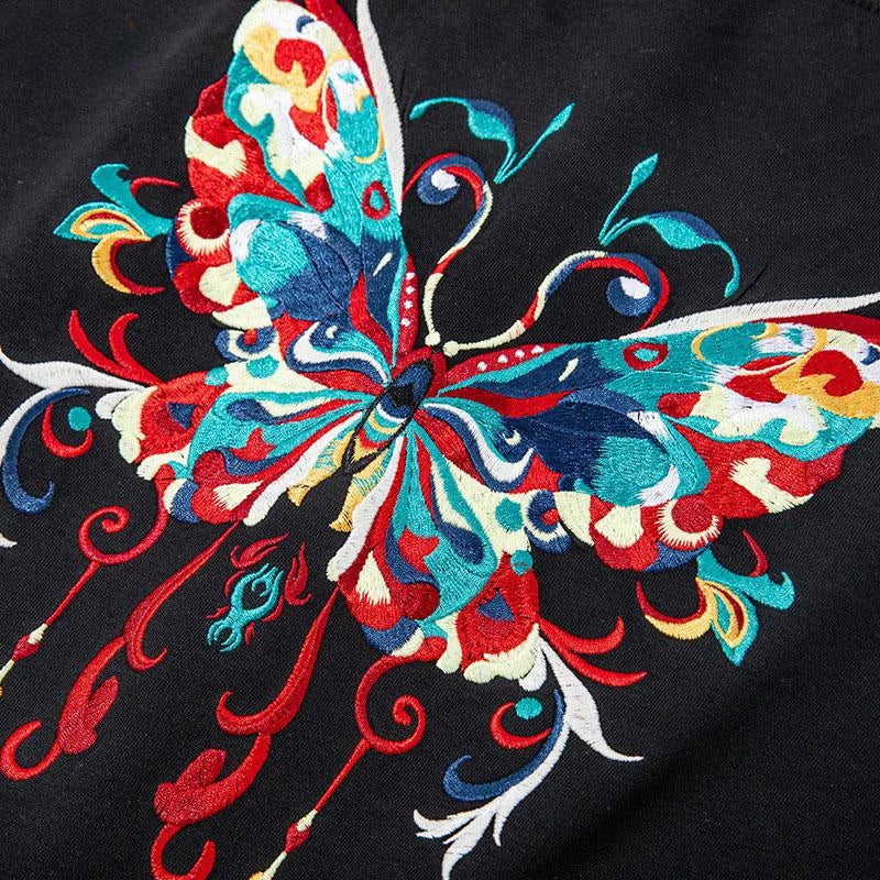 Men Embroidery T Shirt Butterfly Graphic T Shirts Women Fashion Hip Hop Designer Tees Cotton Short Sleeve High Street Unisex