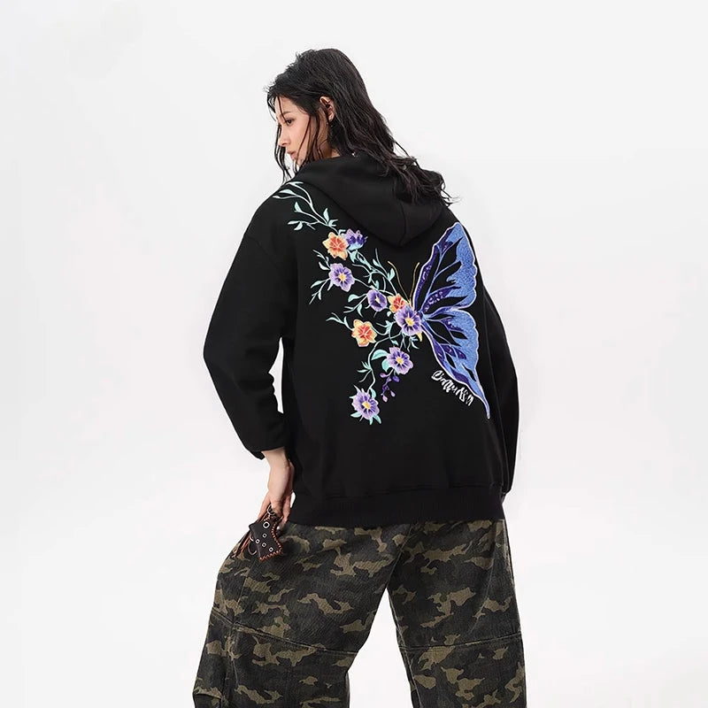 Hip Hop Hoodies Man Butterfly Embroidery Hoodies Women Oversize Hooded Sweatshirt Fashion Flower High Street Fashion Hoody 2025