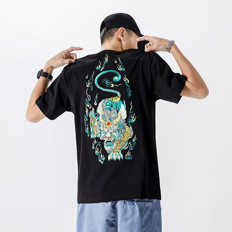 Summer Vintage T Shirt Men Streetwear Embroidery T Shirt Chinese Graphic Tees Short Sleeve Casual High Quality Loose Cool Youth