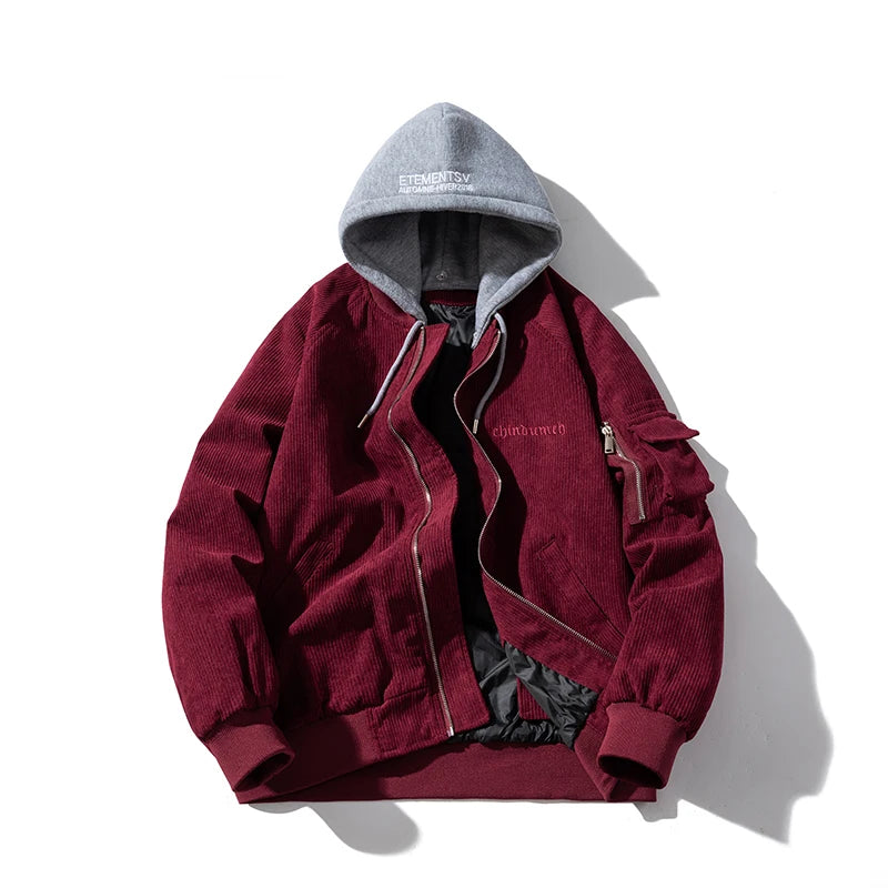 Fashion Bomber Jacket Man Vintage Letter Embroidery Pilot Jacket Women Solid Cotton Corduroy Autumn Winter Coat Hooded Designer