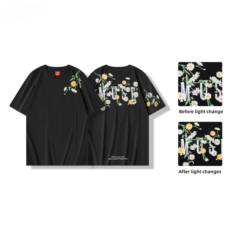 Summer Mens T Shirts Fashion Daisy Embroidery T Shirt Women Loose Cotton Design Casual Short Sleeve Tees High Street Couple 2025