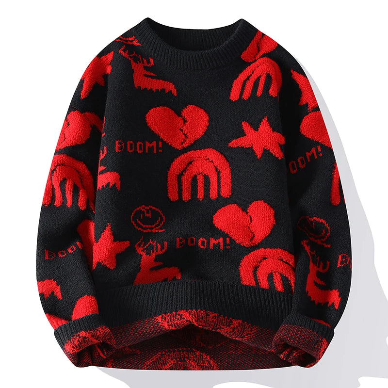 Christmas Print Knitted Sweater Men Vintage Knitwear Sweater Jacquard Thick Warm Korean Crewneck Pullover Male Youth Hipster Red