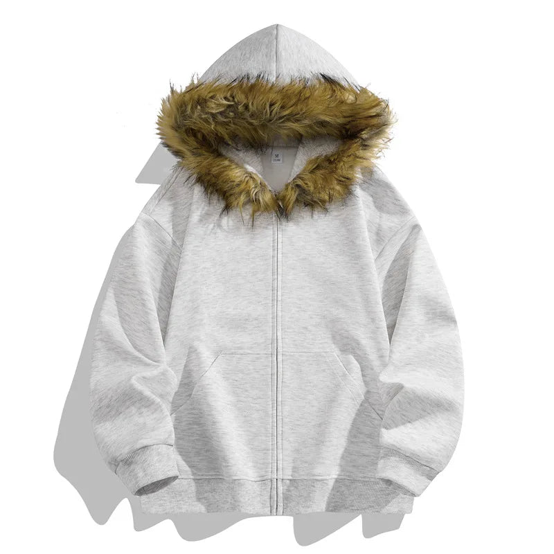 Hoodies Man Zip Up Fashion Vintage Sweatshirt Woman Oversize Fur Collar Solid Color Hoodies Couple Hoody Autumn Unisex Designer