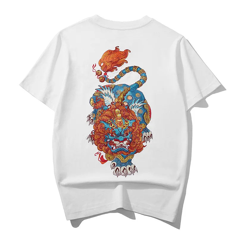 Men Summer Cotton T Shirt Embroidery Animal Chinese Oversize T Shirt O Neck Short Loose Tees Top Men Hipster High Quality 5XL