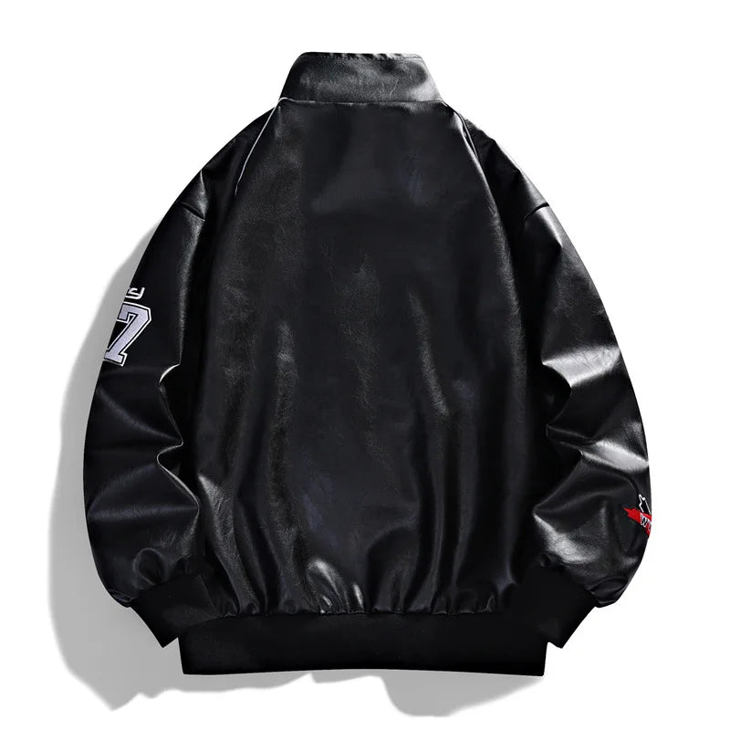 Motorcycle Leather Jackets Man Letter Embroidery Leather Coat Patchwork Fashion Streetwear American Motor Jacket Red White Black