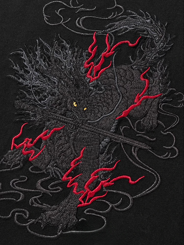 Mens T Shirts Coton Dragon Embroidery T Shirt Chinese Casual Short Sleeve Vintage Graphic Tees Loose Streetwear Summer Tops 2025