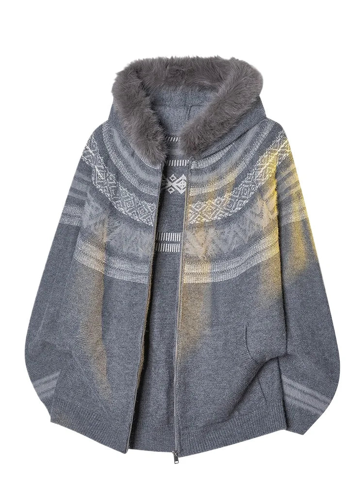 Cardigan Men Vintage Knitted Hooded Sweater Women Fashion Fur Collar Casual Jacquard Sweater Loose Japanese Harajuku Unisex Hat