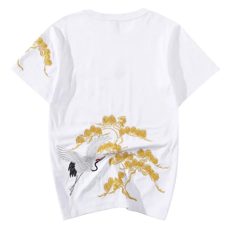 Harajuku T Shirt Men Vintage Crane Embroidery T Shirt Men Women Cotton Short Sleeve Graphic Tees Chinese Fashion hip hop Tops