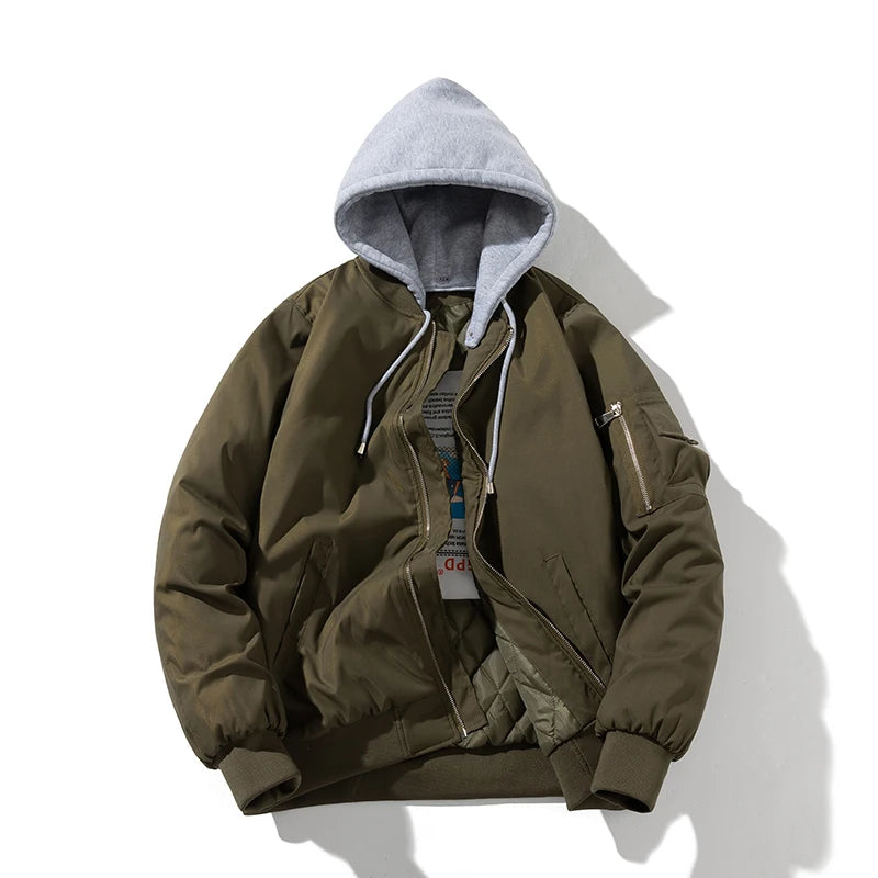 Men Bomber Jacket Autumn Winter Pilot Jacket Women Fashion Solid Baseball Coat Hooded Couple Windbreaker Pocket Streetwear Pink