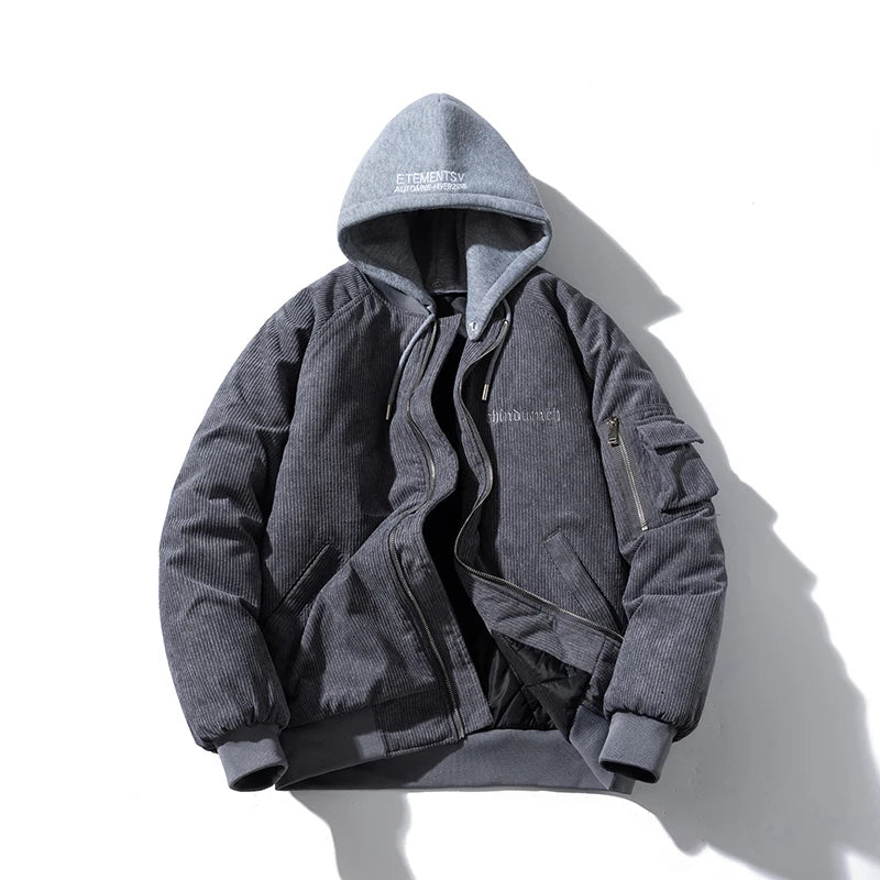 Fashion Bomber Jacket Man Vintage Letter Embroidery Pilot Jacket Women Solid Cotton Corduroy Autumn Winter Coat Hooded Designer