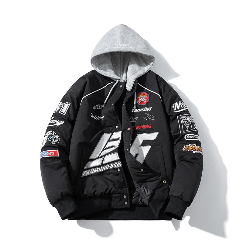 Autumn Winter Varsity Jacket Men Letter Embroidery Motorcycle Jacket Women Fashion Hooded Parkas American Baseball Coat Button