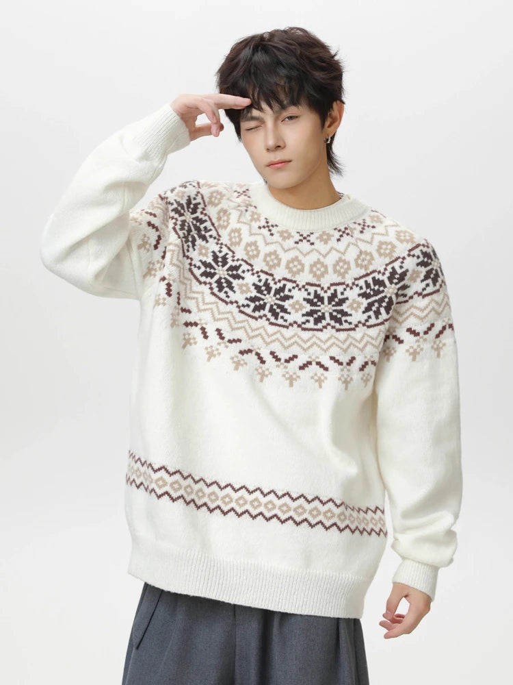 Knitted Sweater Man Vintage Jacquard Fashion Sweater Men Women Casual Knitwear Loose American Knit Sweater Couple Streetwear