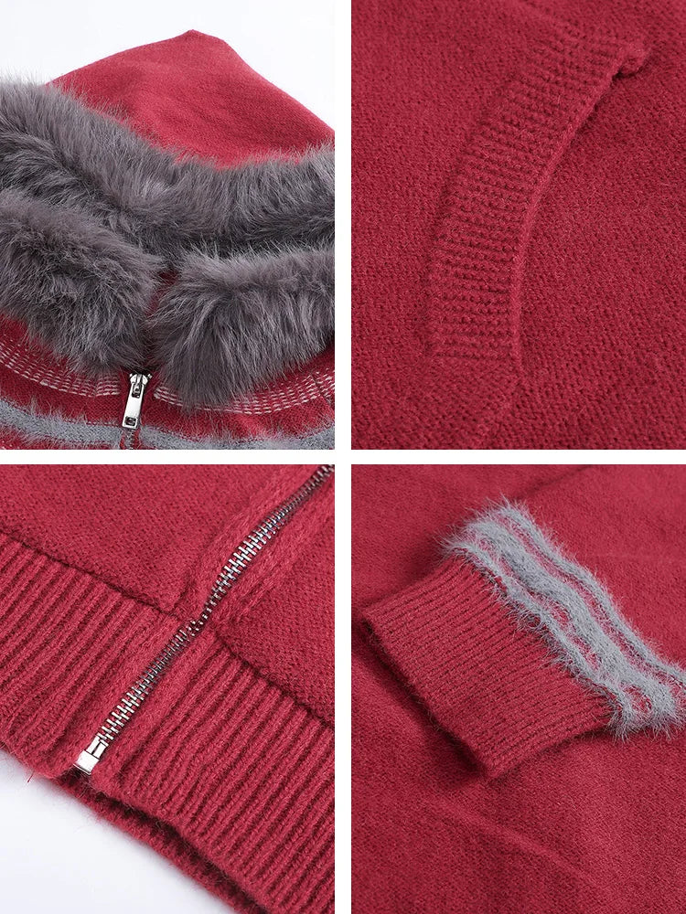 Cardigan Men Vintage Knitted Hooded Sweater Women Fashion Fur Collar Casual Jacquard Sweater Loose Japanese Harajuku Unisex Hat