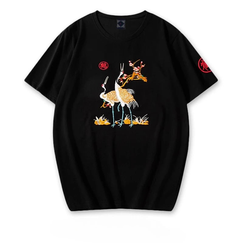 Fashion Crane Embroidery T Shirt Man Chinese Vintage T Shirt Woman Cotton Harajuku  Graphic Tees  Tops Short Sleeve Unisex Male
