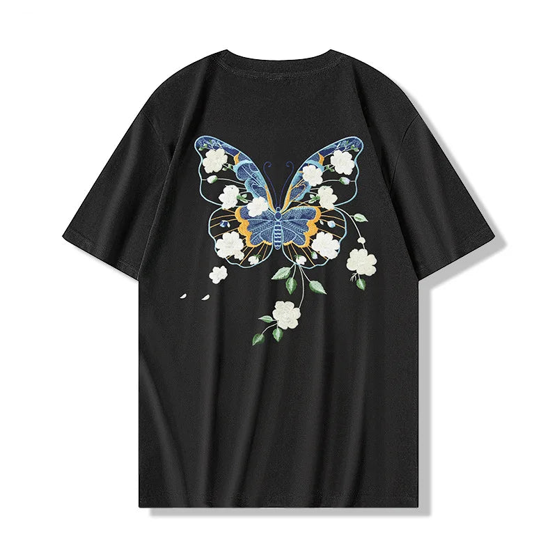 Men Embroidery T Shirt Flower Butterfly Graphic T Shirts Women Fashion Streetwear Designer Tees Cotton O Neck High Street 2025
