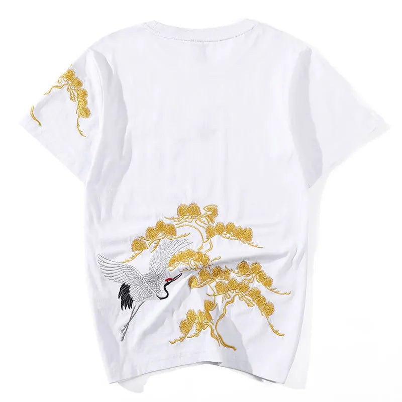 Harajuku T Shirt Men Vintage Crane Embroidery T Shirt Men Women Cotton Short Sleeve Graphic Tees Chinese Fashion hip hop Tops